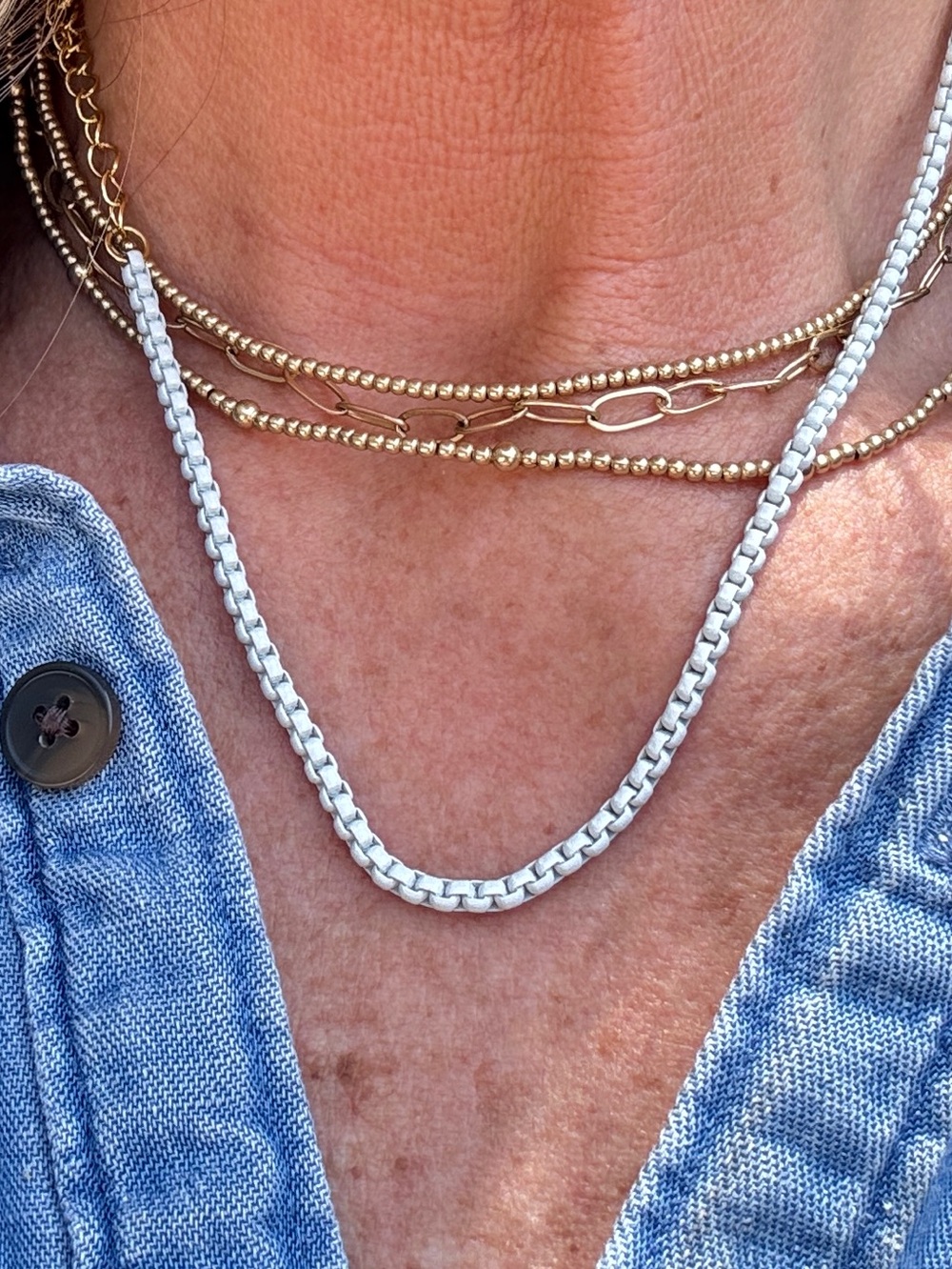Gold Layered Bead and Chain Necklace Set with White Braided Accent - Picture 3 of 7